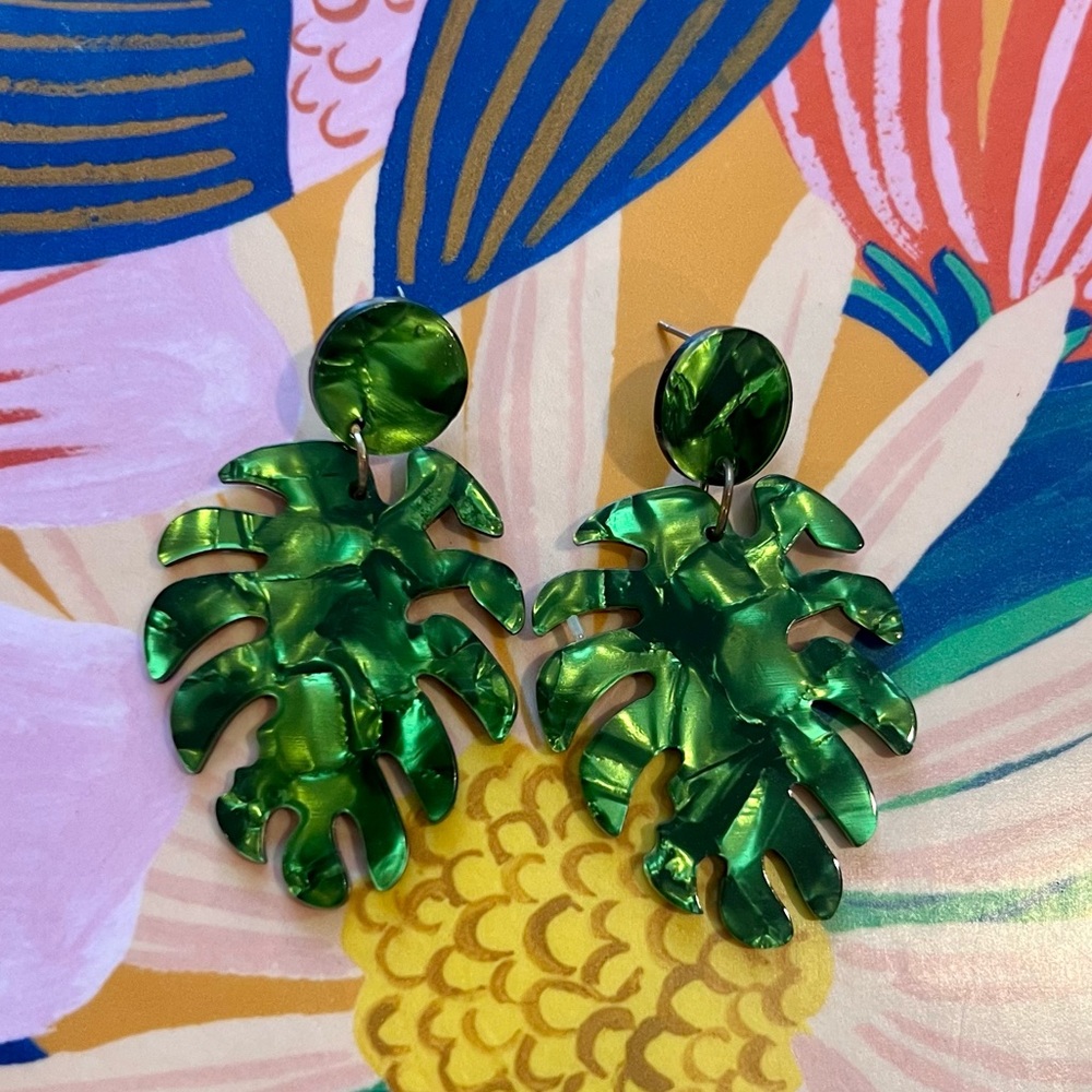 Monstera Leaf Emerald Green Marble Acrylic Earrings